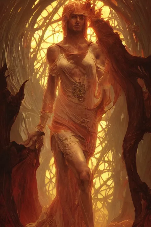 Prompt: portrait of dante in hell, forest, godlike, full body, fantasy, intricate, elegant, highly detailed, digital painting, artstation, concept art, sharp focus, illustration, art by artgerm and greg rutkowski and alphonse mucha