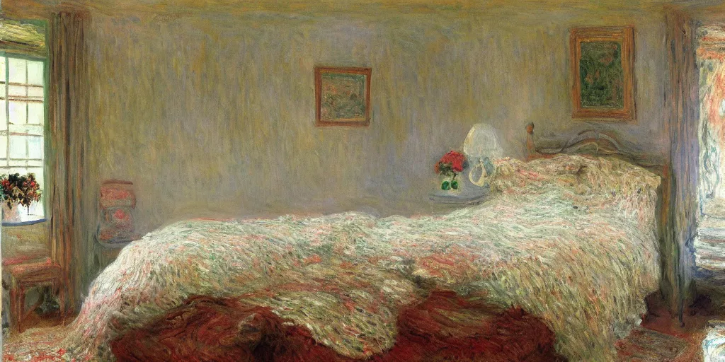 Prompt: a cozy bedroom decorated by Monet, detailed, high resolution, wow!, intricate