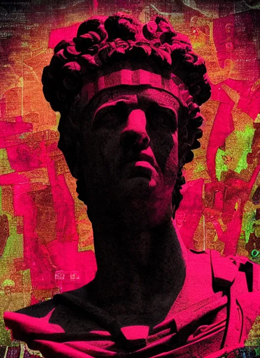 Image similar to black background with subtle red and purple design elements, statue of julius caesar, nekro, modern design, collage art, thin lines, dark, glitch art, neo vaporwave, gritty, layout frame, trending on artstation