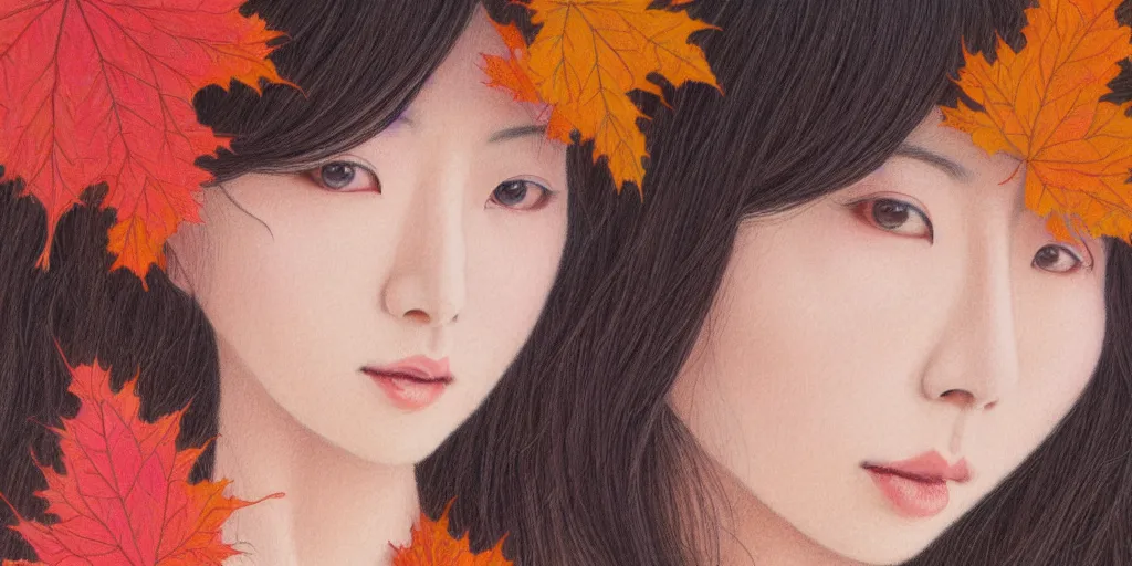 Image similar to detailed pastel colors portrait of a japanese woman made of autumn leaves, by artgerm, fine detail, 8 k