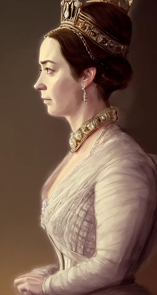 Image similar to portrait of emily blunt as queen victoria, jewelry, greek, sapphire, victorian age, 1 8 9 0, intricate, headshot, key visual, conceptart, ambient lighting, highly detailed, digital painting, artstation, concept art, sharp focus, by makoto shinkai and akihiko yoshida and greg manchess