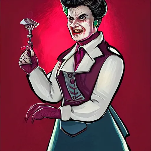 Prompt: Dolores Umbridge evil with red eyes and sharp teeth, highly detailed, digital painting, artstation, concept art, smooth, sharp focus, studio light, by Dan Mumford,
