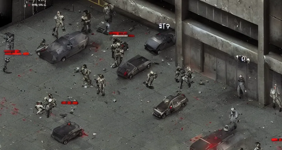 Prompt: 1998 Video Game Screenshot of Neo-tokyo Cyborg bank robbers vs police, Set inside of Parking Garage, Dark, Multiplayer set-piece Ambush, Tactical Squads :10, Police officers under heavy fire, Suppressive fire, Pinned down, Destructible Environments, Gunshots, Headshot, Bullet Holes and Anime Blood Splatter, :10 Gas Grenades, Riot Shields, MP5, AK45, MP7, P90, Chaos, Anime Machine Gun Fire, Gunplay, Shootout, :14 FLCL + Jet Grind Radio, Cel-Shaded:17, Created by Katsuhiro Otomo + Arc System Works + miHoYo: 20