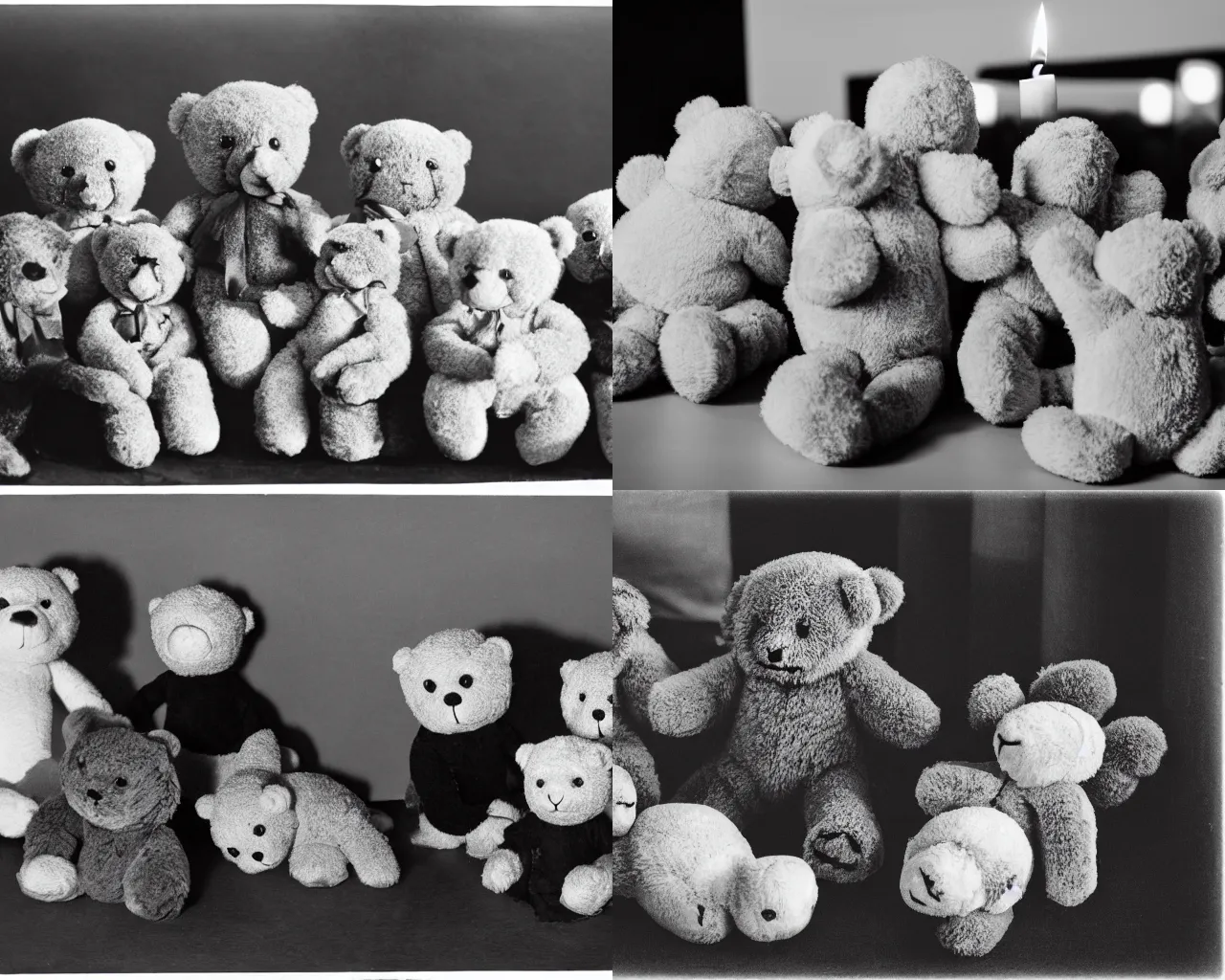 Prompt: Black and white photograph of a group of teddy bears plotting in the dark around a candle