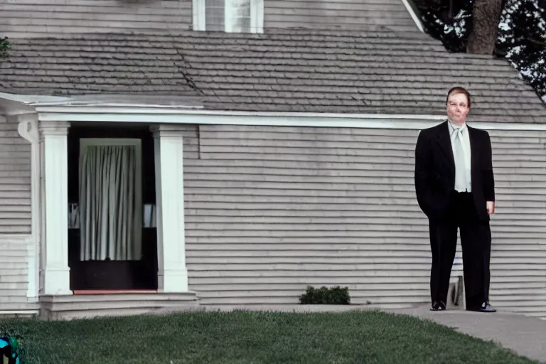 Prompt: cinematic film still from 1994 film: portly clean-shaven white man wearing suit and necktie standing on the front porch of his house. XF IQ4, f/1.4, ISO 200, 1/160s, 8K, RAW, dramatic lighting, symmetrical balance, in-frame