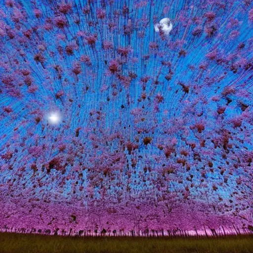 Prompt: field of tall beautiful luminescent pink and blue mycena fungi, emitting spore clouds, midnight, huge golden moon with small craters visible in night sky, hyperrealistic, detailed, soft lighting, fireflies