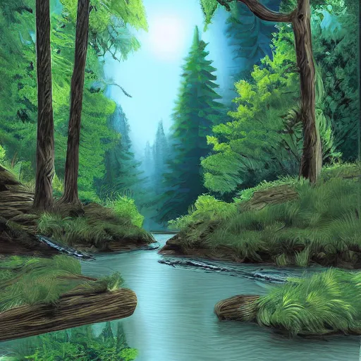 Image similar to digital art painting of a river running through a forest, very mediocre, not detailed at all.