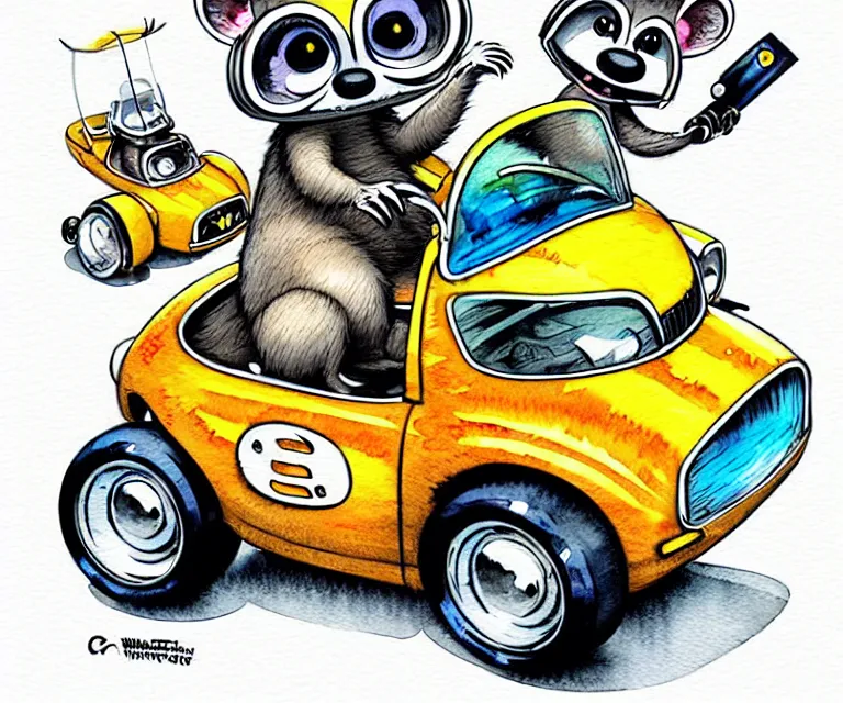 Prompt: cute and funny, racoon wearing a helmet riding in a tiny hot rod with oversized engine, ratfink style by ed roth, centered award winning watercolor pen illustration, isometric illustration by chihiro iwasaki, edited by range murata