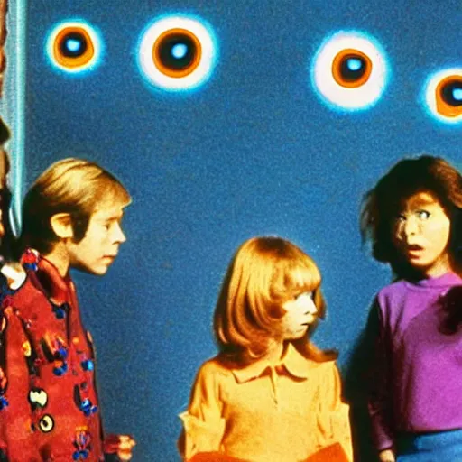 Prompt: still from 1978 live-action children's tv show about a woman who enters an eyeball cult color