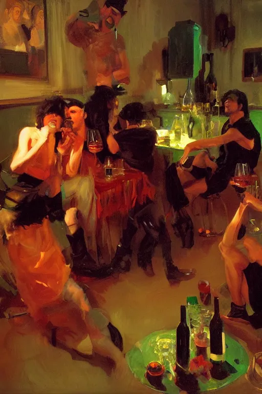 Prompt: glam rockers drinking brutal and raw wine, inside a tiny green room with red lights by joaquin sorolla, greg rutkowski, bill sienckiwicz, extremely detailed