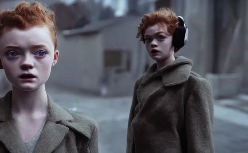 Image similar to sadie sink with spiky short hair in oversized man's coat : a still from a scifi soviet cyberpunk film from 1 9 8 0 s. by steven spielberg and james cameron. 6 5 mm low grain film stock. sharp focus, realistic facial expression, perfect anatomy, cinematic atmosphere, detailed and intricate environment, trending on artstation