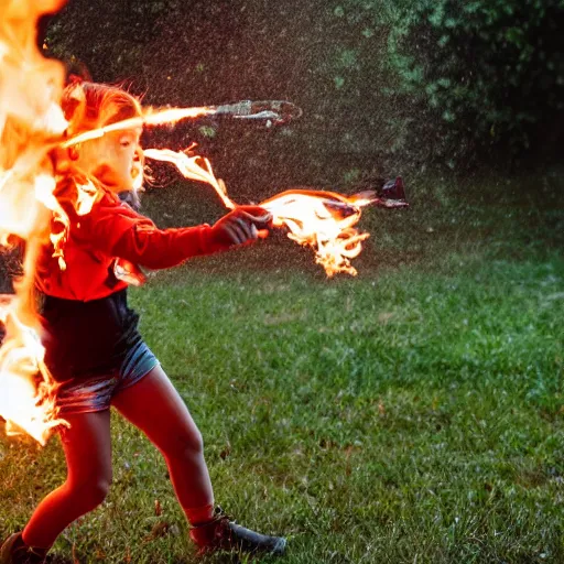 Prompt: small girl juggling flaming chainsaws