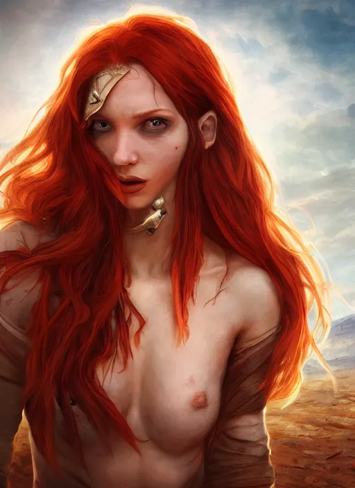 Prompt: Redhead girl which chest wrapped in bandages in desert, portrait, fantasy, medieval, vivid colors, fantasy, elegant, concept art, sharp focus, beautiful face, digital art, Hyper-realistic, 4K, Unreal Engine, Highly Detailed, HD, Dramatic Lighting by Brom, trending on Artstation