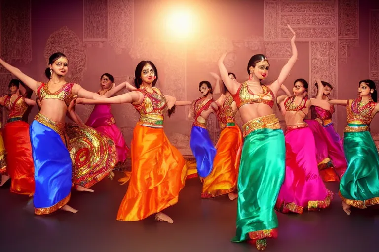 Image similar to still photo of bollywood dancers dancing, wearing silk cloth in whole body, highly detailed, photorealistic portrait, bright studio setting, studio lighting, crisp quality and light reflections, unreal engine 5 quality render