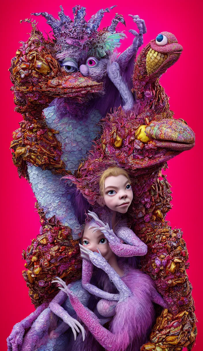 Image similar to hyper detailed 3d render like a Oil painting - kawaii portrait of two Aurora (a beautiful skeksis muppet fae queen protector from dark crystal that looks like Anya Taylor-Joy) seen red carpet photoshoot in UVIVF posing in scaly dress to Eat of the Strangling network of yellowcake aerochrome and milky Fruit and His delicate Hands hold of gossamer polyp blossoms bring iridescent fungal flowers whose spores black the foolish stars by Jacek Yerka, Ilya Kuvshinov, Mariusz Lewandowski, Houdini algorithmic generative render, Abstract brush strokes, Masterpiece, Edward Hopper and James Gilleard, Zdzislaw Beksinski, Mark Ryden, Wolfgang Lettl, hints of Yayoi Kasuma and Dr. Seuss, octane render, 8k