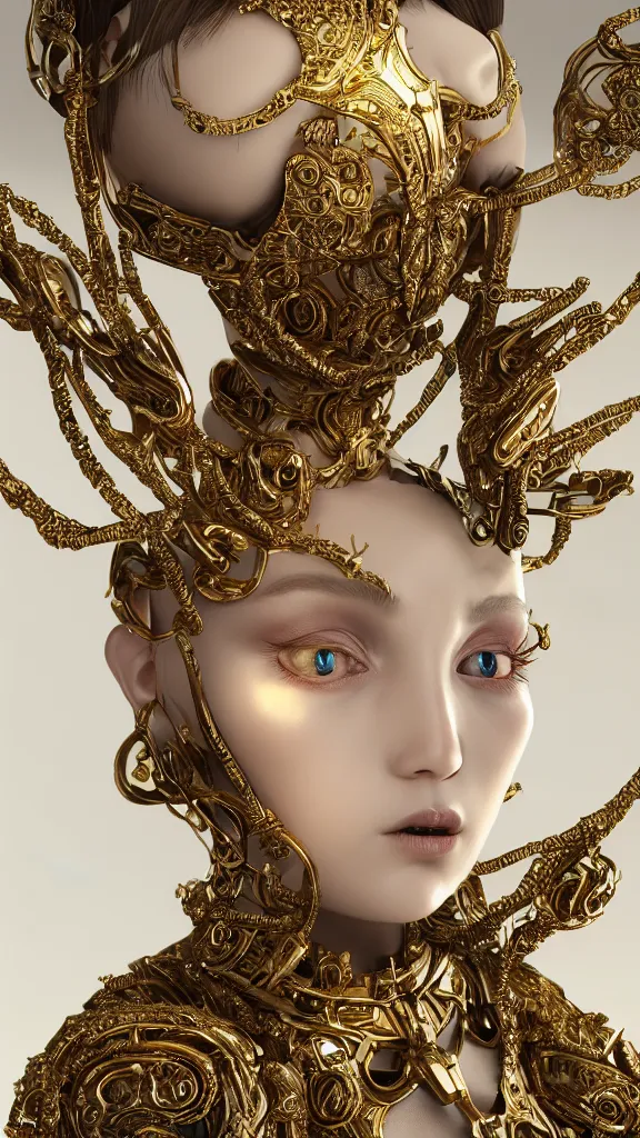 Image similar to ornate porcelain android woman doll, platinum jewellery, intricate gold trimmings, elegant, highly detailed, artstation, concept art, sharp focus, illustration, 3d total, unreal engine, vfx, octane render