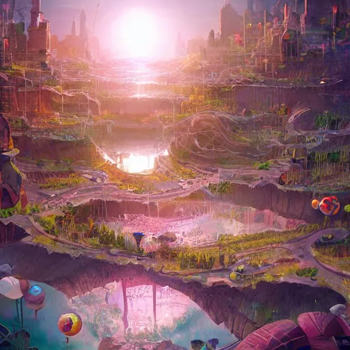 Image similar to a utopian city, filled with fauna, with bubbles floating around everywhere, dynamic lighting, fantasy concept art, trending on art station, stunning visuals, creative, cinematic, ultra detailed