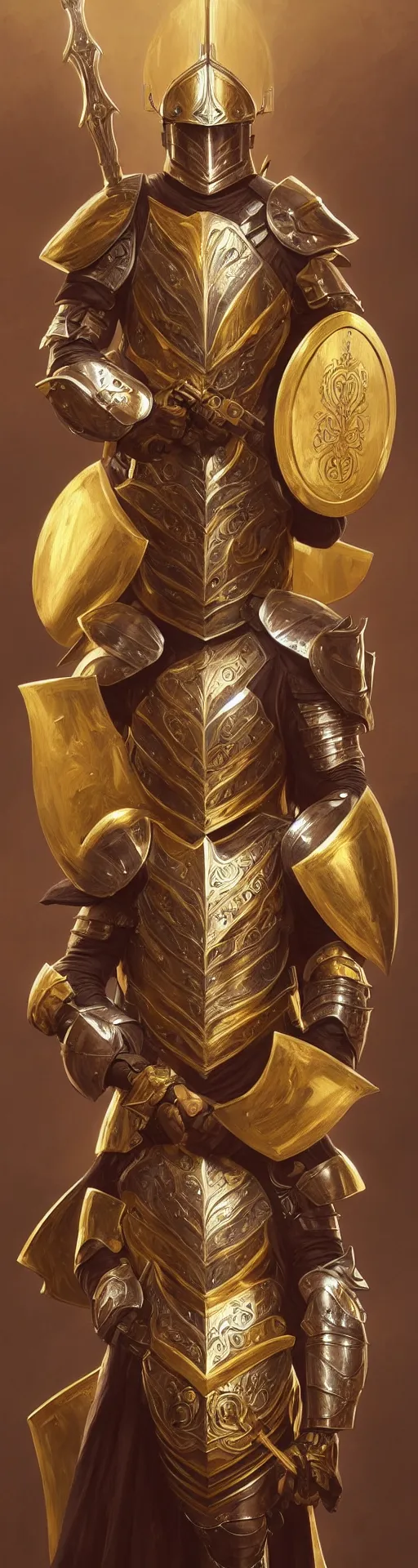 Image similar to Portrait of Pedro Perestrello as a paladin wearing gold full plate armor and wielding a shield, fantasy, intricate, elegant, highly detailed, digital painting, artstation, concept art, matte, sharp focus, illustration, art by Artgerm and Greg Rutkowski and Alphonse Mucha