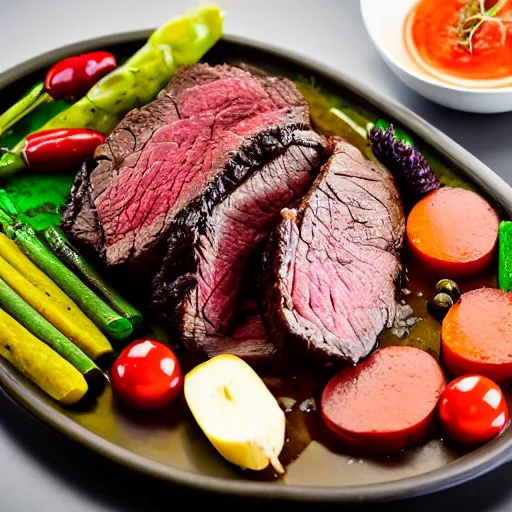 Prompt: perfect beautiful wine beef roast served in michelin star restaurant, juicy sauce, platter of saute vegetables, bokeh, beautiful arrangement, captured on canon eos r 6