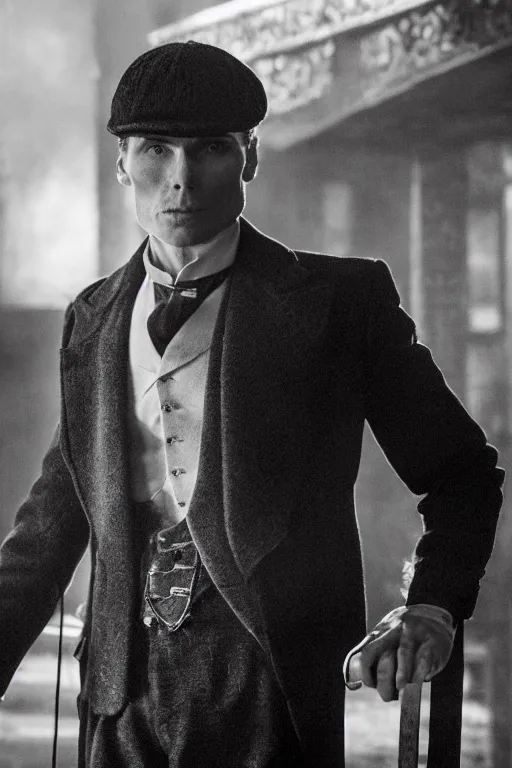 Prompt: Black and white Full-body portrait of Cillian Murphy in Peaky Blinders standing, arms crossed, dramatic, gloomy, dark