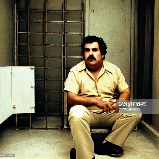 Image similar to Pablo Escobar sitting in expensive and decorated prison cell