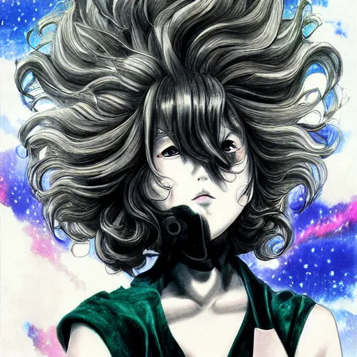 Image similar to portrait of Tatsumaki drawn by Yusuke Murata in the space with nebulae, realistic painting, high definition, digital art, matte painting, very detailed, realistic