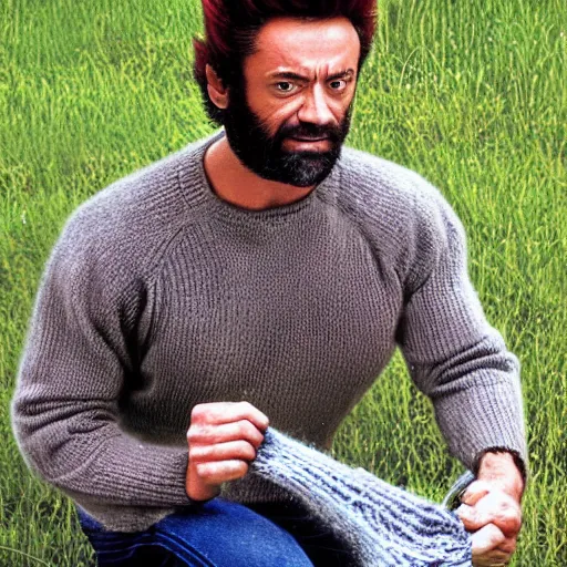 Prompt: Wolverine knitting a sweater