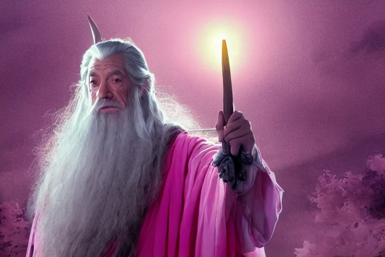 Image similar to portrait of Gandalf wearing pink Hello kitty costume, serene expression, sunrise, movie still from Lord of the Rings, cinematic