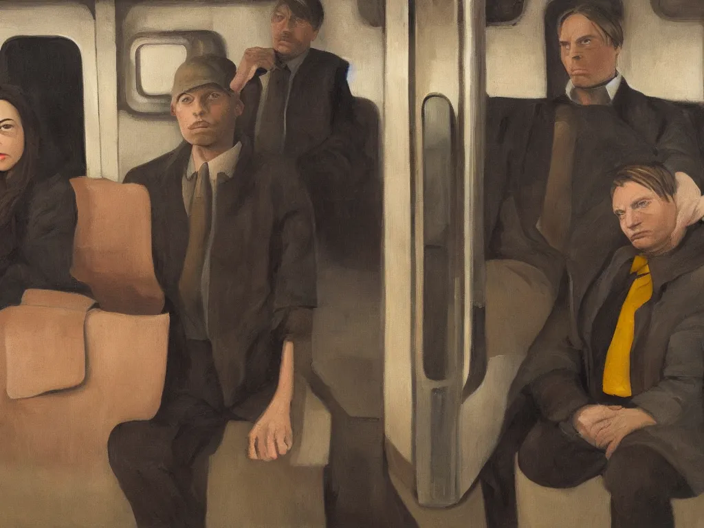 Image similar to an oil painting by Grant Wood, a low angle medium shot of two people sitting in an empty Chicago subway train, in front of windows: a sad Aubrey Plaza wearing a parka and a friendly Mads Mikkelsen in a suit