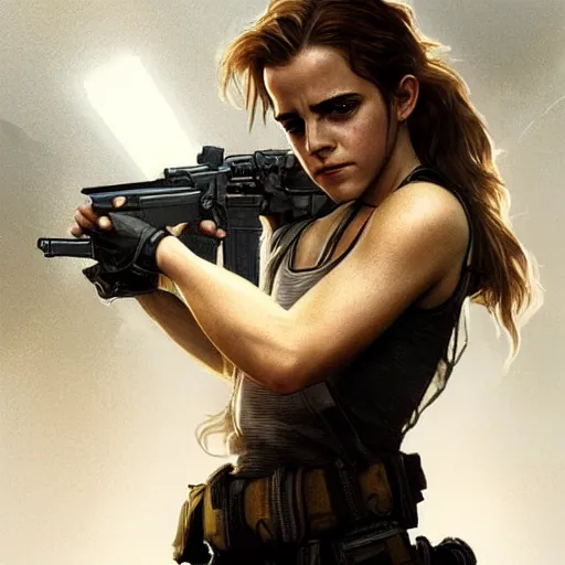 Prompt: Emma Watson as the Terminator, digital painting, artstation, concept art, sharp focus, illustration, art by greg rutkowski and alphonse mucha, highly detailed