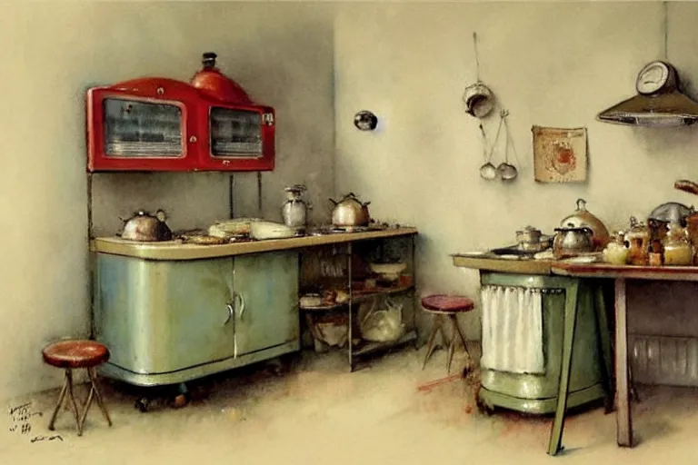 Prompt: ( ( ( ( ( 1 9 5 0 s retro kitchen interior scene. muted colors. ) ) ) ) ) by jean - baptiste monge!!!!!!!!!!!!!!!!!!!!!!!!!!!!!!