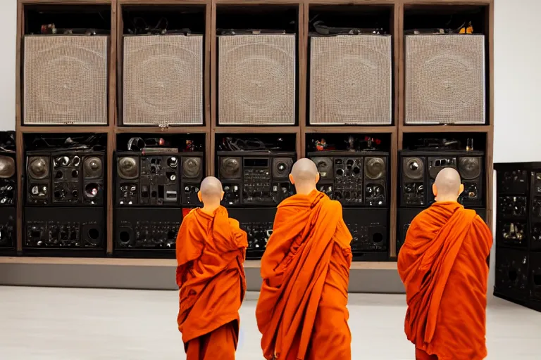 Prompt: monks in hooded robes stand in front of a wall of vintage amplifiers, smoke fills the space