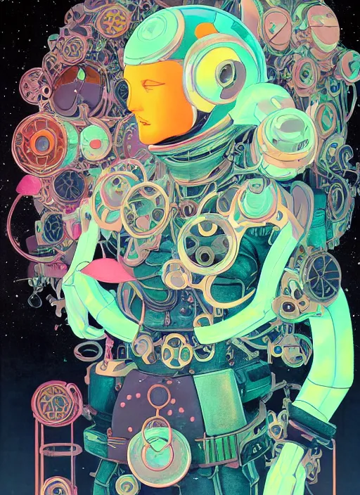 Image similar to an art nouveau kawaii gouache painting, by yoshitaka amano, by Victo Ngai, by shaun tan, by good smile company, detailed anime 3D render of an attractive male modular mechanical android, portrait, cgsociety, by Peter Mohrbacher, modular mechanical costume and headpiece, futuristic setting, gel lighting neon glow