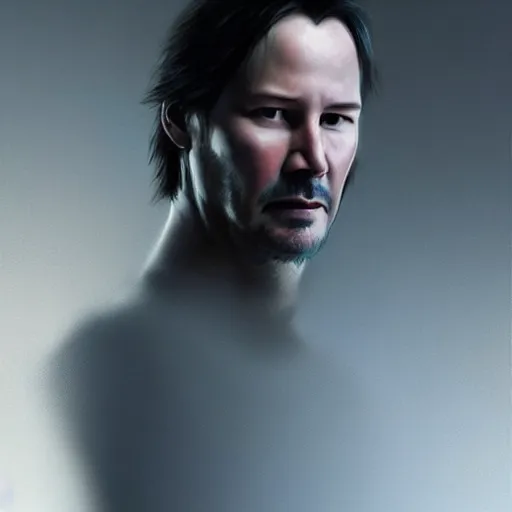 Image similar to keanu reeves as a square headed robot, closeup portrait by greg rutkowski, realistic face, digital art,