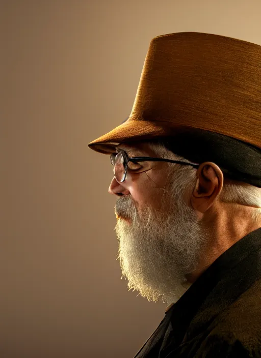 Prompt: portrait of terry pratchett, back, facing away, seated wearing hat, dramatic lighting, octane, mist, steve mccurry, volumetric lighting, 8 k