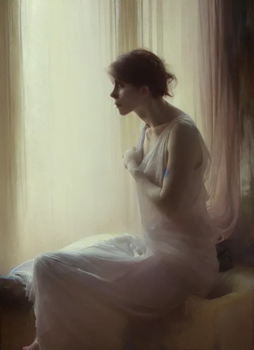 Image similar to a portrait of beautiful woman, inside a modern apartment, detailed oil painting, misty, ethereal, soft lighting, 8 k, by jeremy mann and ruan jia and alphonse mucha