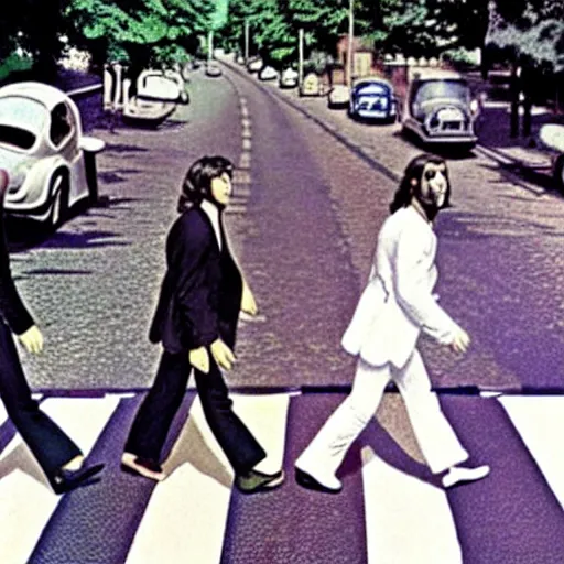 Image similar to the beatles fighting on abbey road