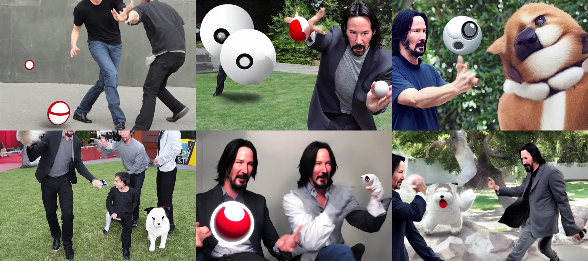 Prompt: keanu reeves throwing a pokeball at a rockruff