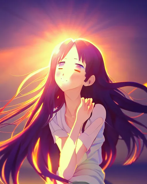 Image similar to anime style, vivid, expressive, full body, 4 k, a cute girl with white skin and long wavy hair humming a song, stunning, realistic light and shadow effects, centered, simple background, studio ghibly makoto shinkai yuji yamaguchi