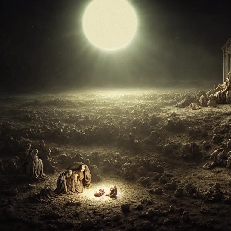 Prompt: ribbed abandoned Nativity of Jesus scene on exoplanet, baroque painting, standing in a desolate empty wasteland, creepy, nightmare, dream-like heavy atmosphere, surreal abandoned buildings, beautiful detailed intricate insanely detailed octane render trending on Artstation, 8K artistic photography, photorealistic, chiaroscuro, Raphael, Caravaggio, Beksinski, Giger