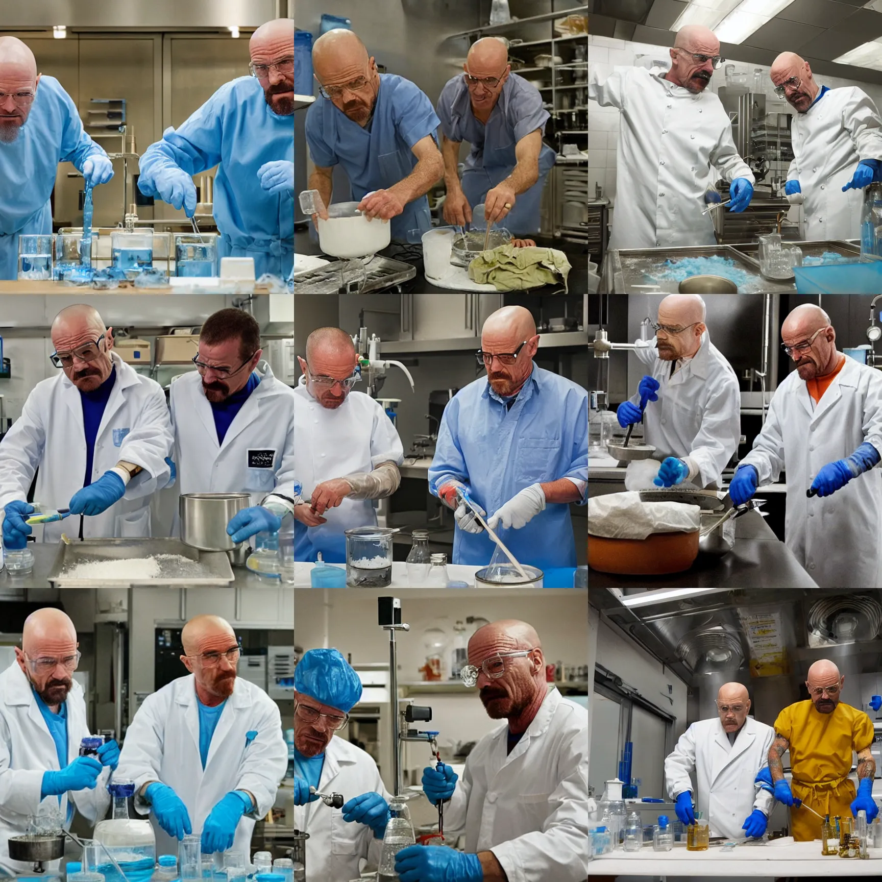 Prompt: walter white and lalo salamanca cooking blue meth together in a chemistry laboratory, still from breaking bad