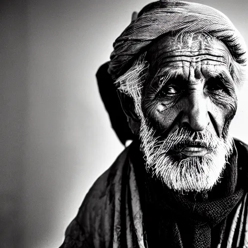 Image similar to black and white photo, portrait of 80 year old afghan man by Joey Lawrence, realistic, Leica, medium format, cinematic lighting, parallax, high resolution,