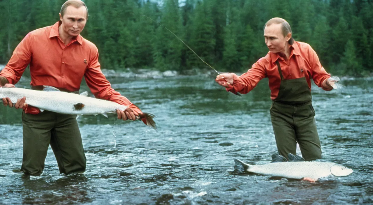 Image similar to 7 0 s movie still of putin catching a salmon with his hands, cinestill 8 0 0 t _ 3 5 mm eastmancolor, heavy grain, high quality, high detail