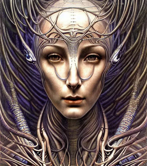 Image similar to detailed realistic beautiful young cher alien robot as queen of mars face portrait by jean delville, gustave dore and marco mazzoni, art nouveau, symbolist, visionary, gothic, pre - raphaelite. horizontal symmetry by zdzisław beksinski, iris van herpen, raymond swanland and alphonse mucha. highly detailed, hyper - real, beautiful