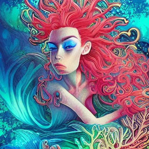 Prompt: coral underwater colorful, fantasy, intricate, highly detailed, little fish and sea life digital painting, hd, trending on artstation, illustration, fine lines, sharp edges, colourful, a reallistic attractive woman, swimming,