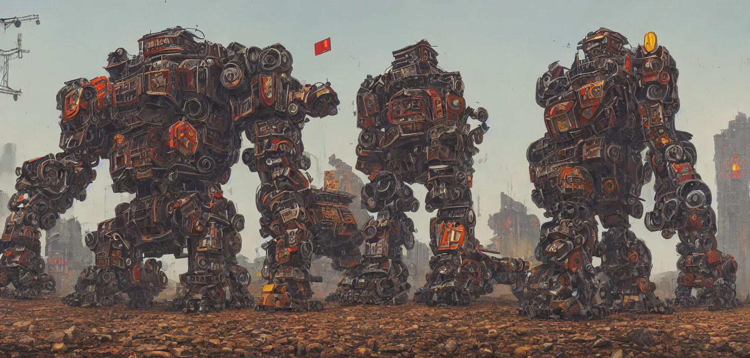 Image similar to an intricate oil painting of a giant chinese armored gorilla shaped scrap metal mecha by simon stalenhag, soviet decals