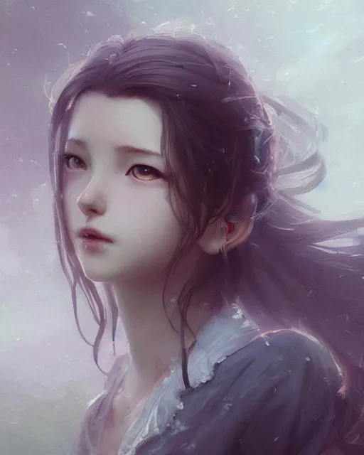 Image similar to beautiful aerith gainsborough, face centered portrait, cottagecore, confident, fog, rain, volumetric lighting, soft light particles floating near her, illustration, perfectly shaded, oft painting, art by krenz cushart and wenjun lin