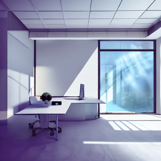 Image similar to a white empty pink office with sun rays looming down, with a pool inside, dynamic lighting, photorealistic concept art, trending on art station, stunning visuals, creative, cinematic, ultra detailed, ray tracing