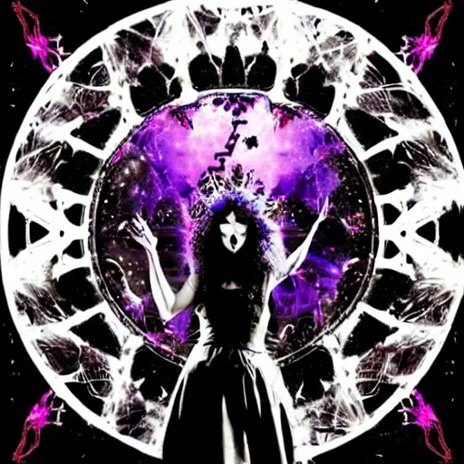 Prompt: demon skin mistress in a circle of cosmic magick, voodoo vibes in the midnight sun, gothic wave sudden fright, cinematic, ungodly quality, system black magick destroy the broken void of empty lair