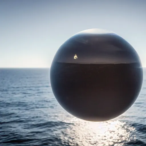 Prompt: a grey-black cube inside a translucent sphere, hovering over the ocean, ufo, 8k